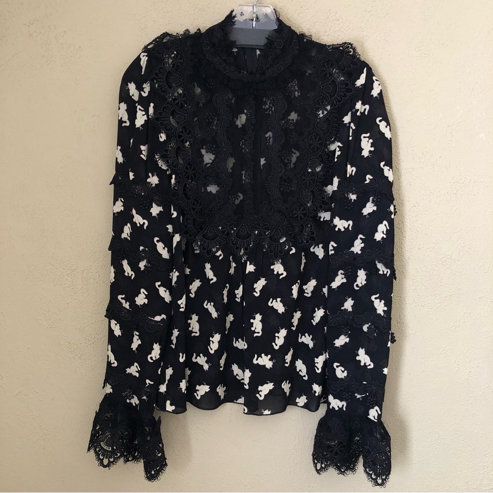Anna Sui Shadow Cat black white lace-paneled printed Georgette ruffled blouse 4
